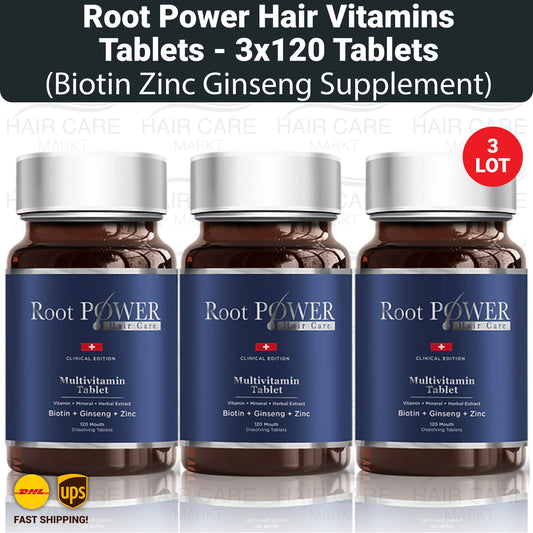 Root Power Hair Vitamins Tablets, Biotin Zinc Ginseng Supplement (120 Tabs) - 3 LOT