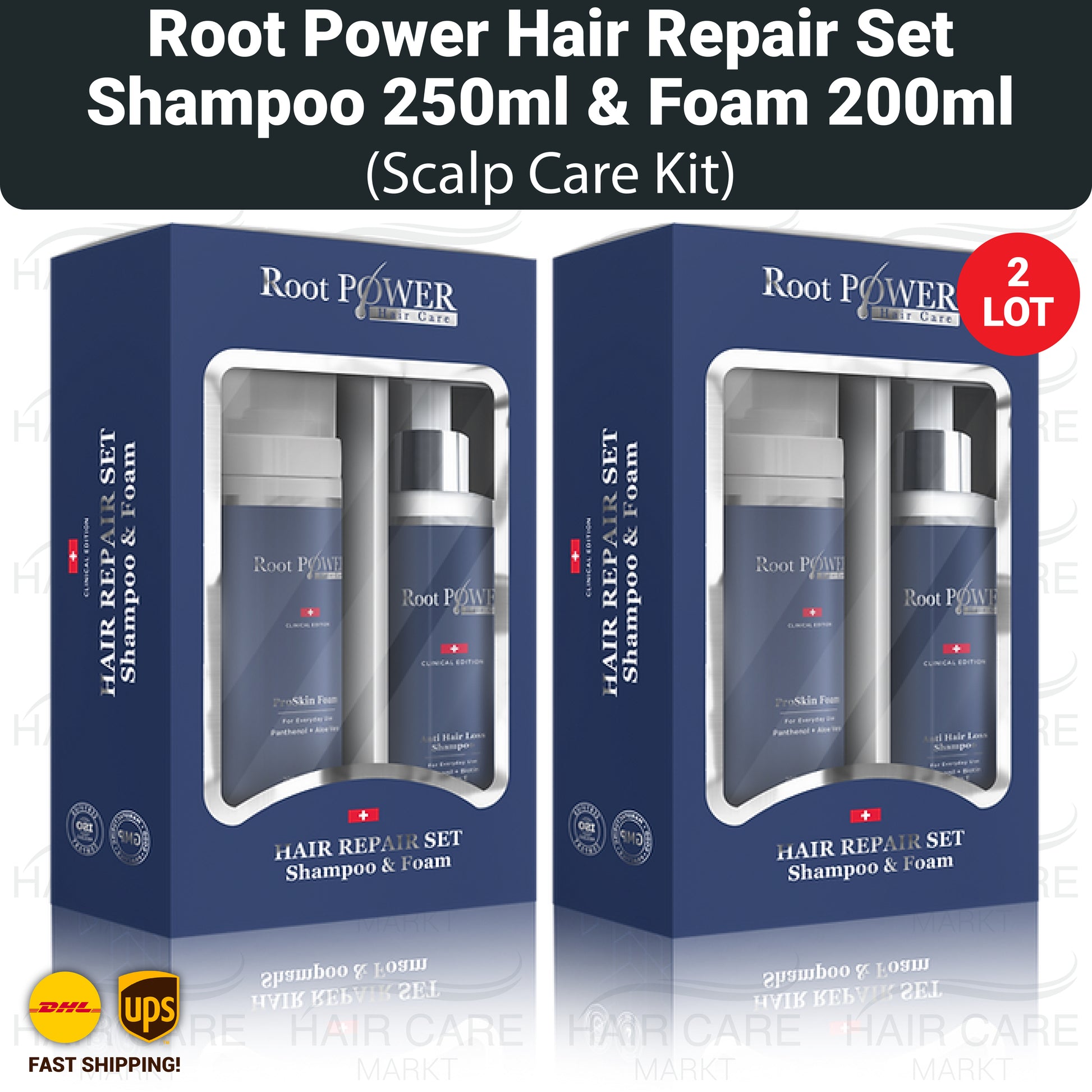Root Power Hair Repair Set with shampoo and foam.