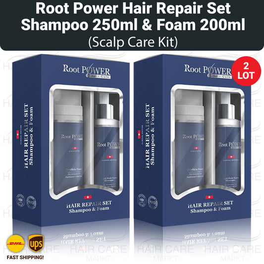 Root Power Hair Repair Set with shampoo and foam.