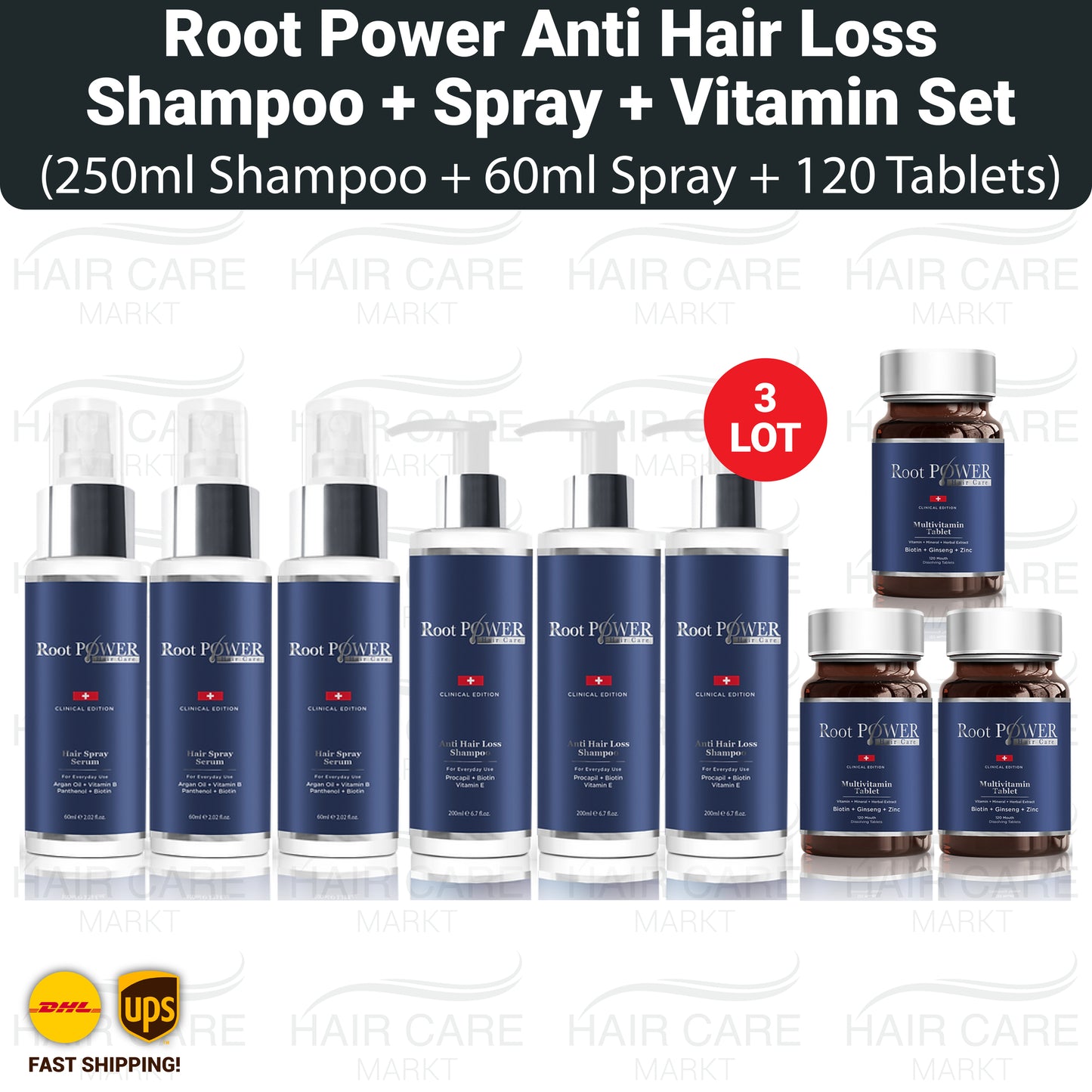 Root Power Anti Hair Loss Shampoo, Spray, and Vitamin Set.