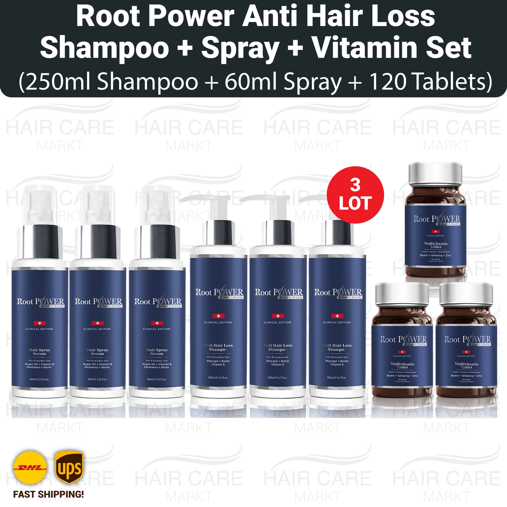 Root Power Anti Hair Loss Shampoo, Spray, and Vitamin Set.