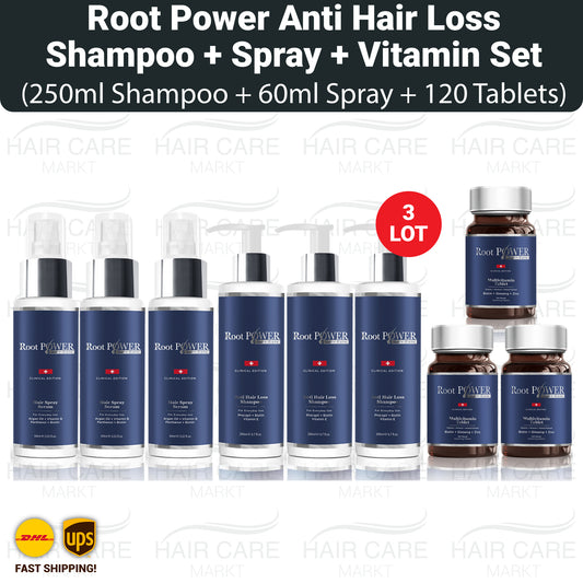 Root Power Anti Hair Loss Shampoo, Spray, and Vitamin Set.